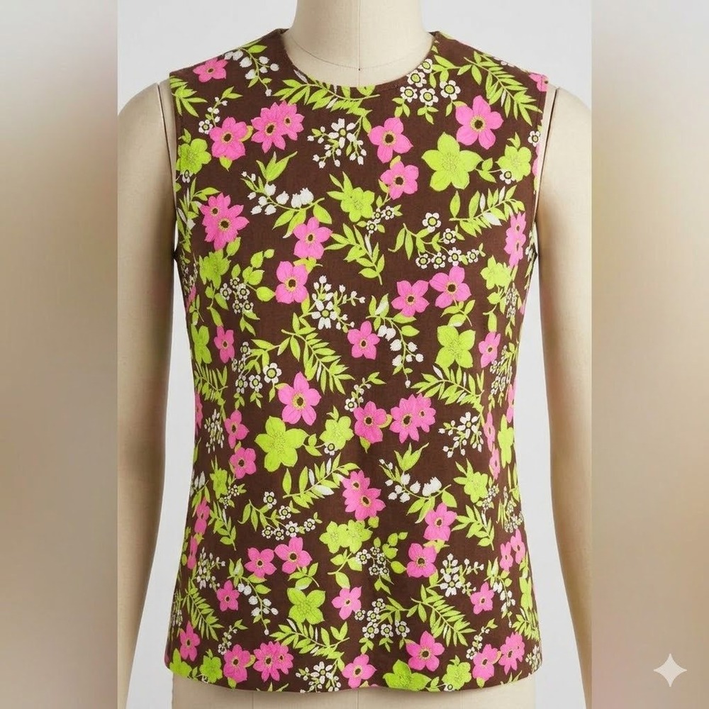 Vtg 60s Handmade Floral Tank Top Brown Pink Lime Green Sleeveless Blouse‎ XL